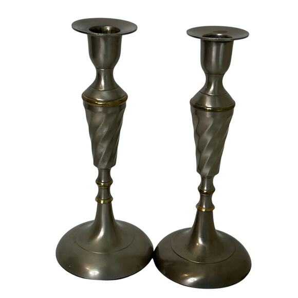 Vintage Silver Tone Metal Candlesticks Pair 10″ Twisted Stem Taper Holders - Picture 1 of 6